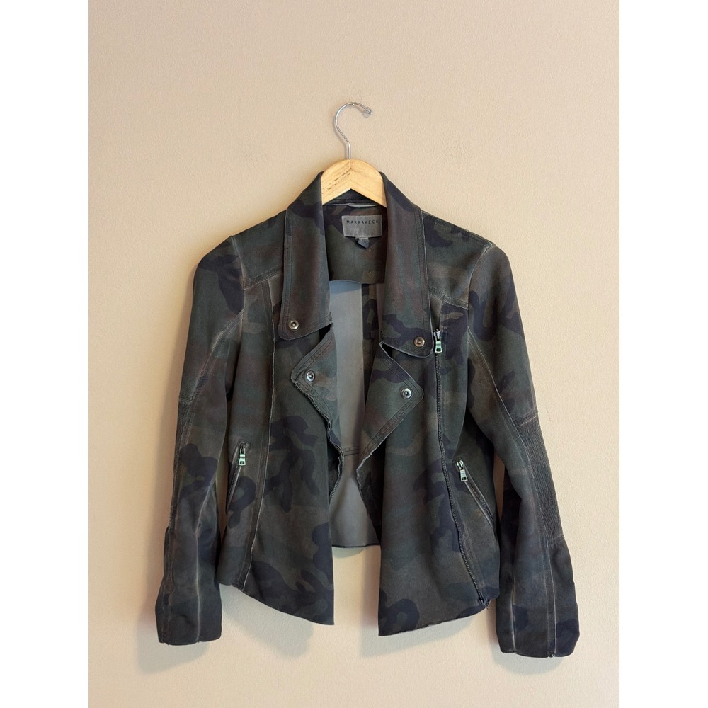Marrakech Womens Camo Moto Jacket Green Camouflage Faux Suede Biker Small